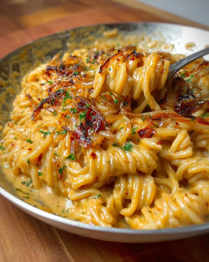 Creamy caramelized onion pasta dish with herbs and spices