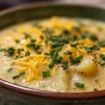 Close-up of creamy Cheddar Garlic Herb Potato Soup in a white bowl.