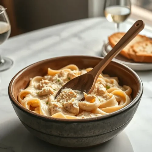 Delicious creamy chicken alfredo pasta crockpot in a white bowl