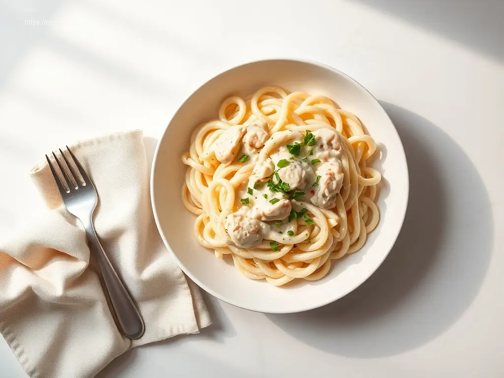 Delicious creamy chicken alfredo pasta crockpot in a white bowl