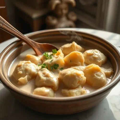 Creamy Chicken & Dumplings slow cooker dish on white marble