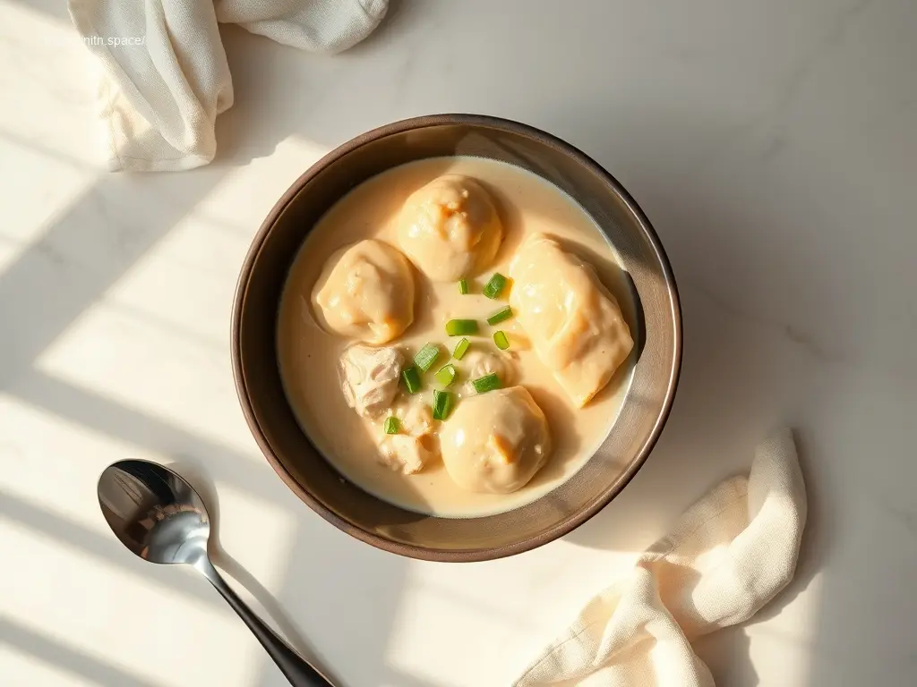 Creamy Chicken & Dumplings slow cooker dish on white marble