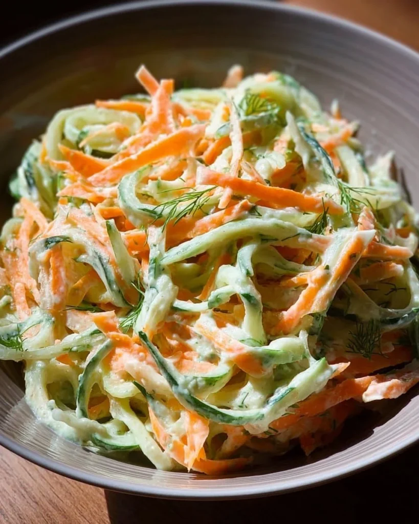 Creamy Cucumber and Carrot Salad in a bowl with fresh ingredients