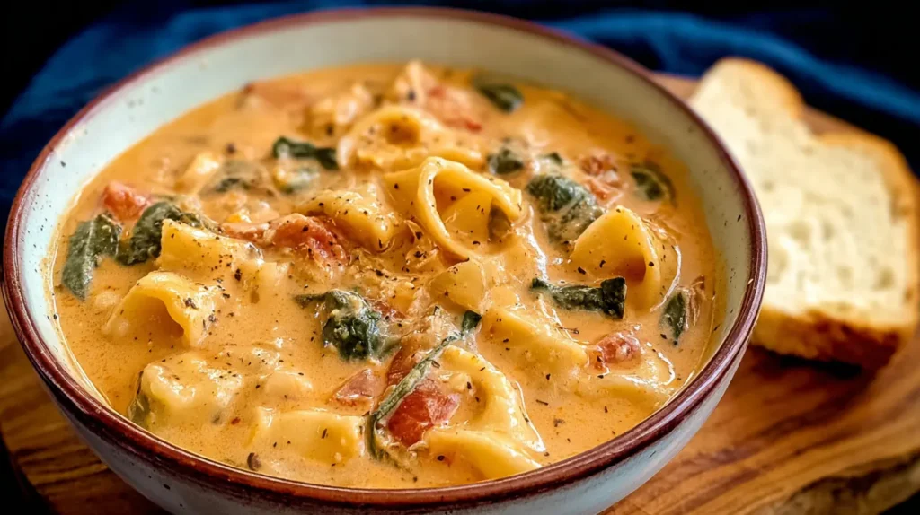 Close-up of rich Marry Me Chicken Soup with tender chicken pieces and spinach.