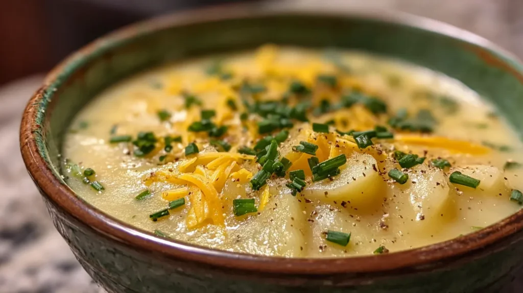 Close-up of creamy Crock Pot Crack Potato Soup with fresh toppings.