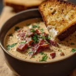 Creamy Reuben Soup with corned beef and sauerkraut in a bowl