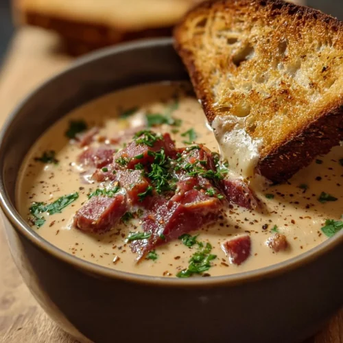 Creamy Reuben Soup with corned beef and sauerkraut in a bowl
