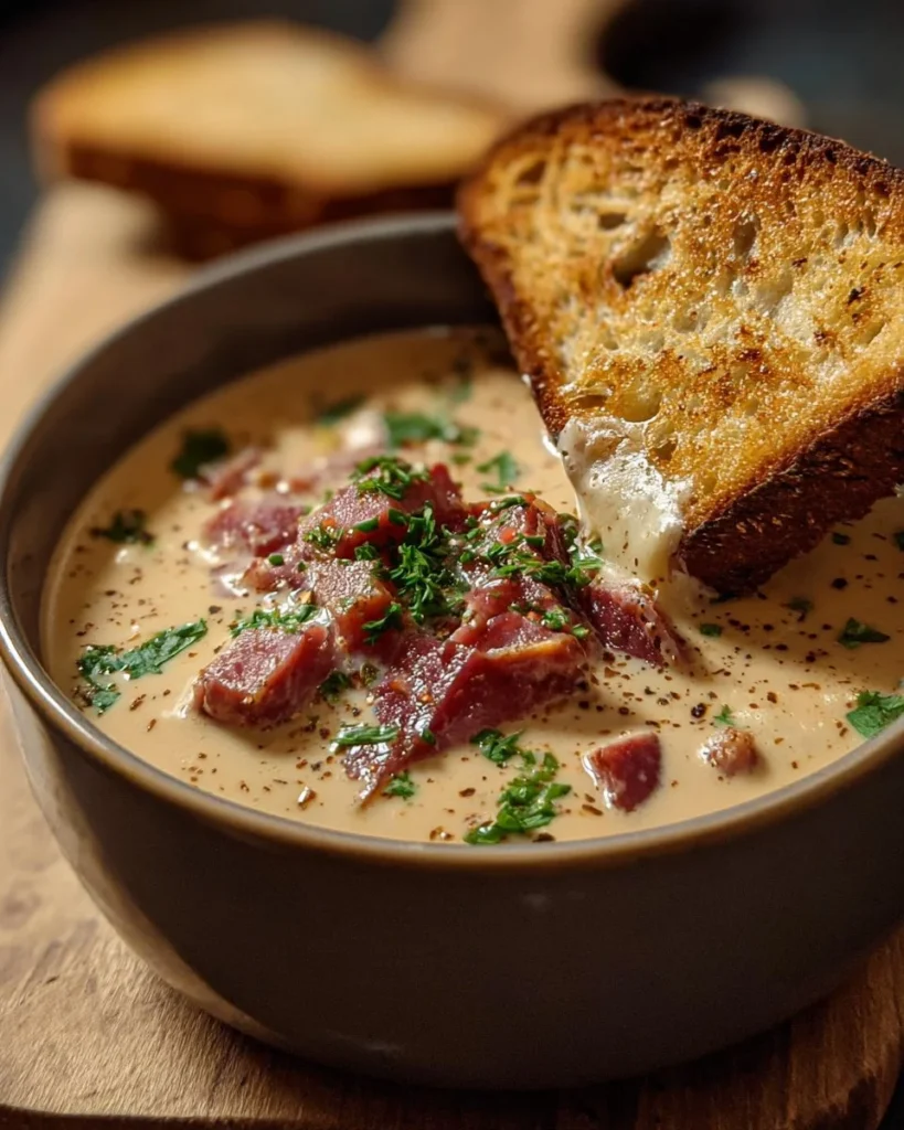 Creamy Reuben Soup with corned beef and sauerkraut in a bowl