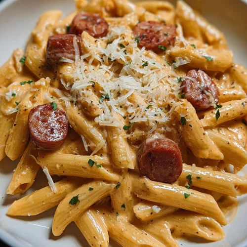 Creamy smoked sausage pasta served in a bowl with herbs and seasonings.