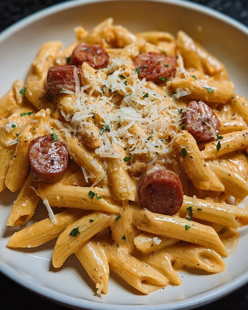 Creamy smoked sausage pasta served in a bowl with herbs and seasonings.
