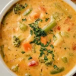 Creamy vegetable soup in a bowl garnished with herbs and fresh vegetables