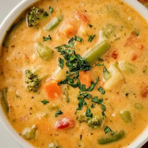 Creamy vegetable soup in a bowl garnished with herbs and fresh vegetables