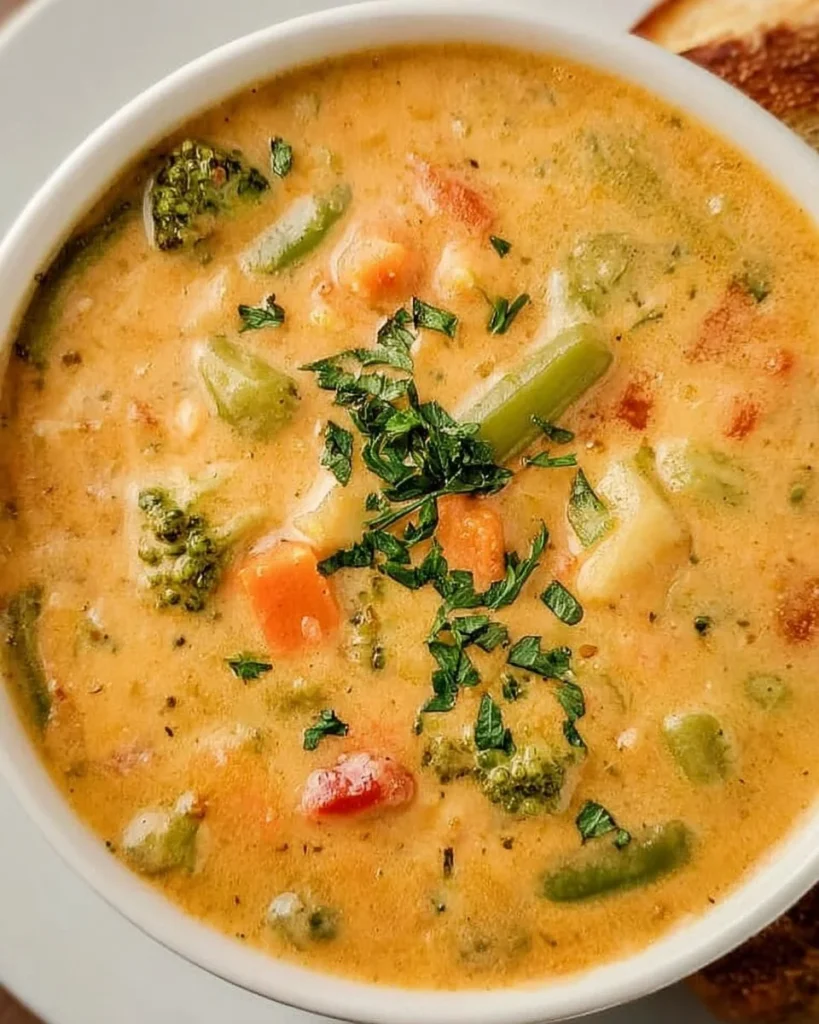 Creamy vegetable soup in a bowl garnished with herbs and fresh vegetables