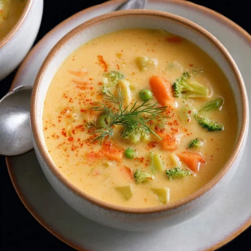 Bowl of creamy vegetable soup with colorful vegetables and herbs