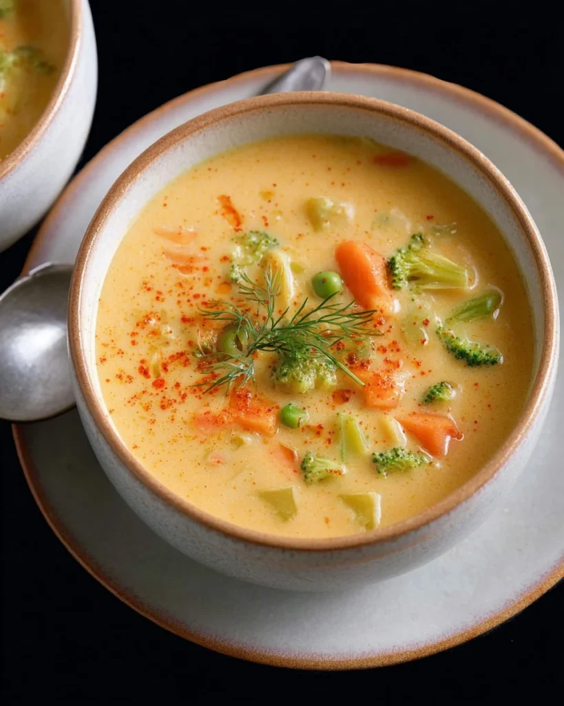 Bowl of creamy vegetable soup with colorful vegetables and herbs