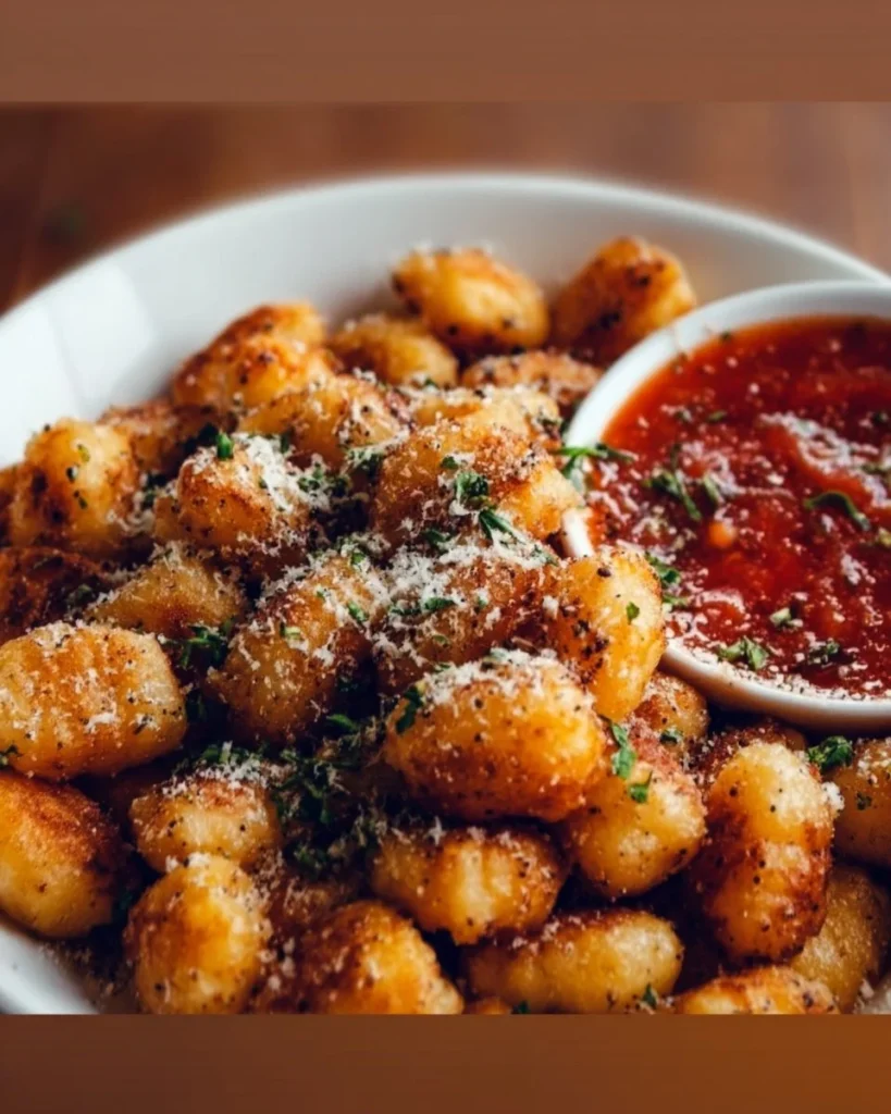 Crispy air fryer gnocchi served in a bowl with herbs