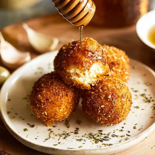 A close-up shot of golden crispy fried goat cheese balls on a platter.