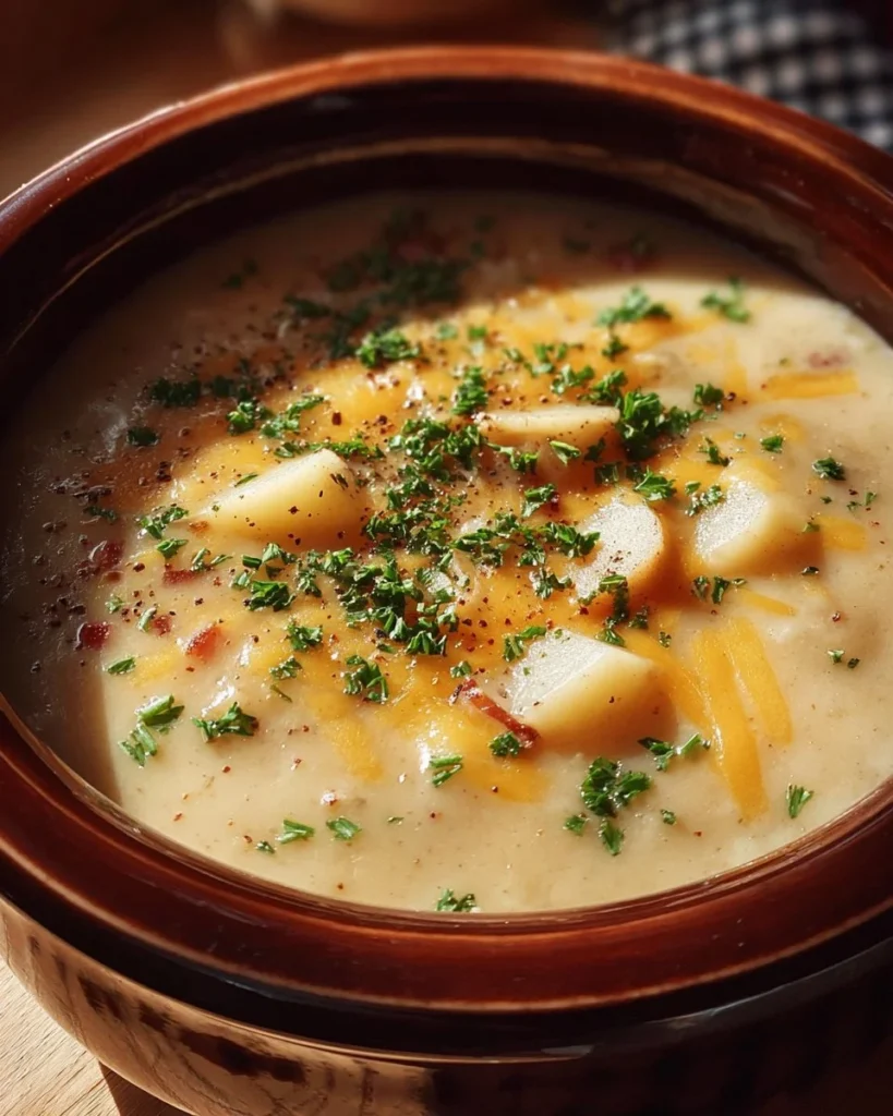 Bowl of creamy Crock Pot Crack Potato Soup topped with green onions and bacon