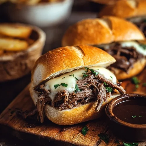 Delicious Crock Pot French dip sandwiches served with a side of dipping broth.