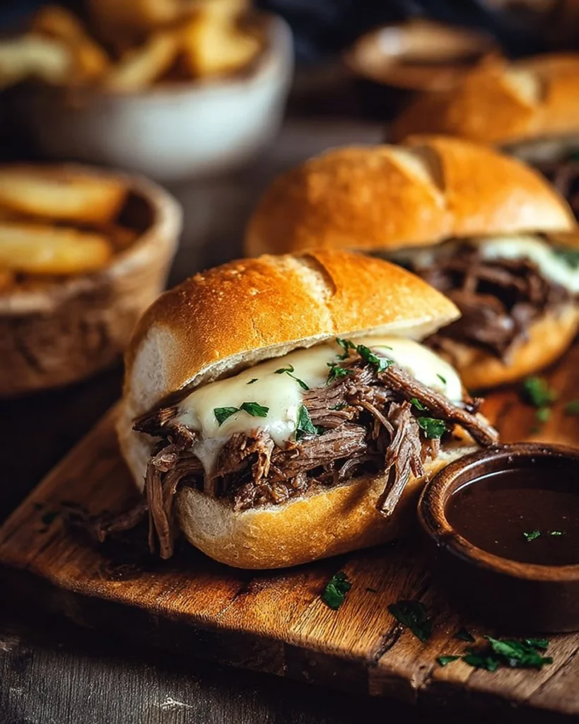 Delicious Crock Pot French dip sandwiches served with a side of dipping broth.