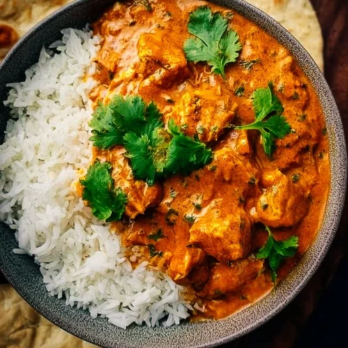 Delicious crockpot butter chicken served with rice and garnished with cilantro