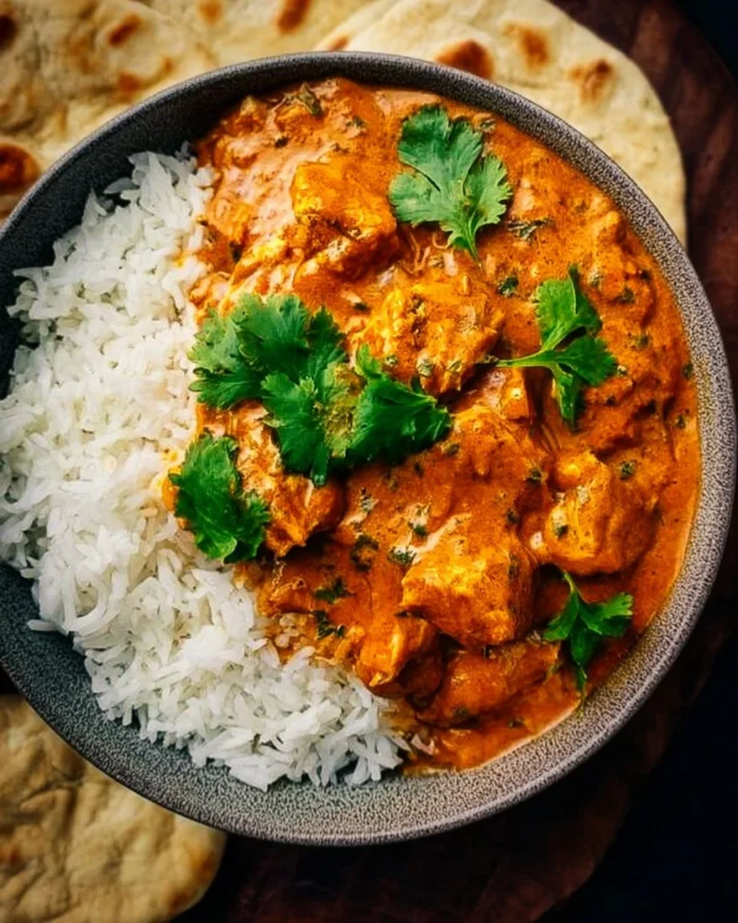 Delicious crockpot butter chicken served with rice and garnished with cilantro