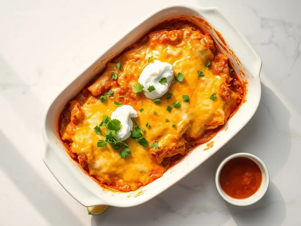 Delicious Crockpot Chicken Enchilada Casserole overhead
