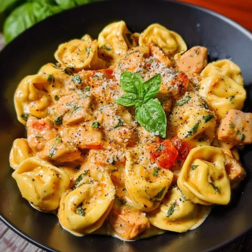 CrockPot chicken tortellini in a bowl
