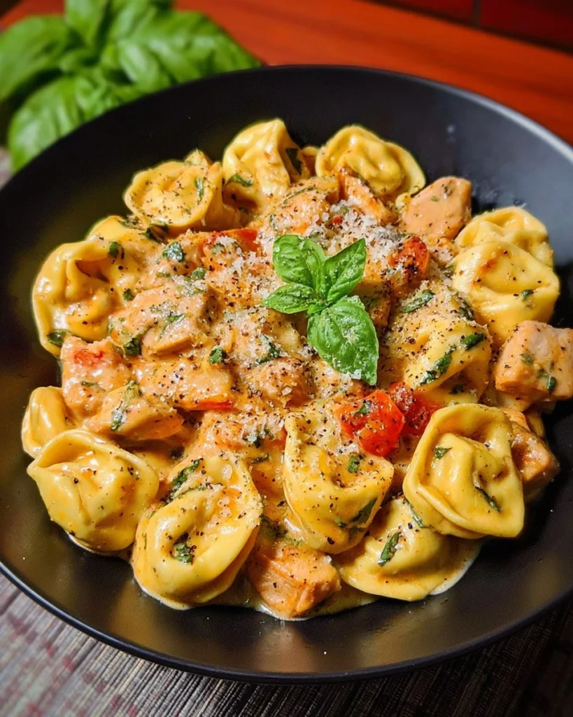 CrockPot chicken tortellini in a bowl