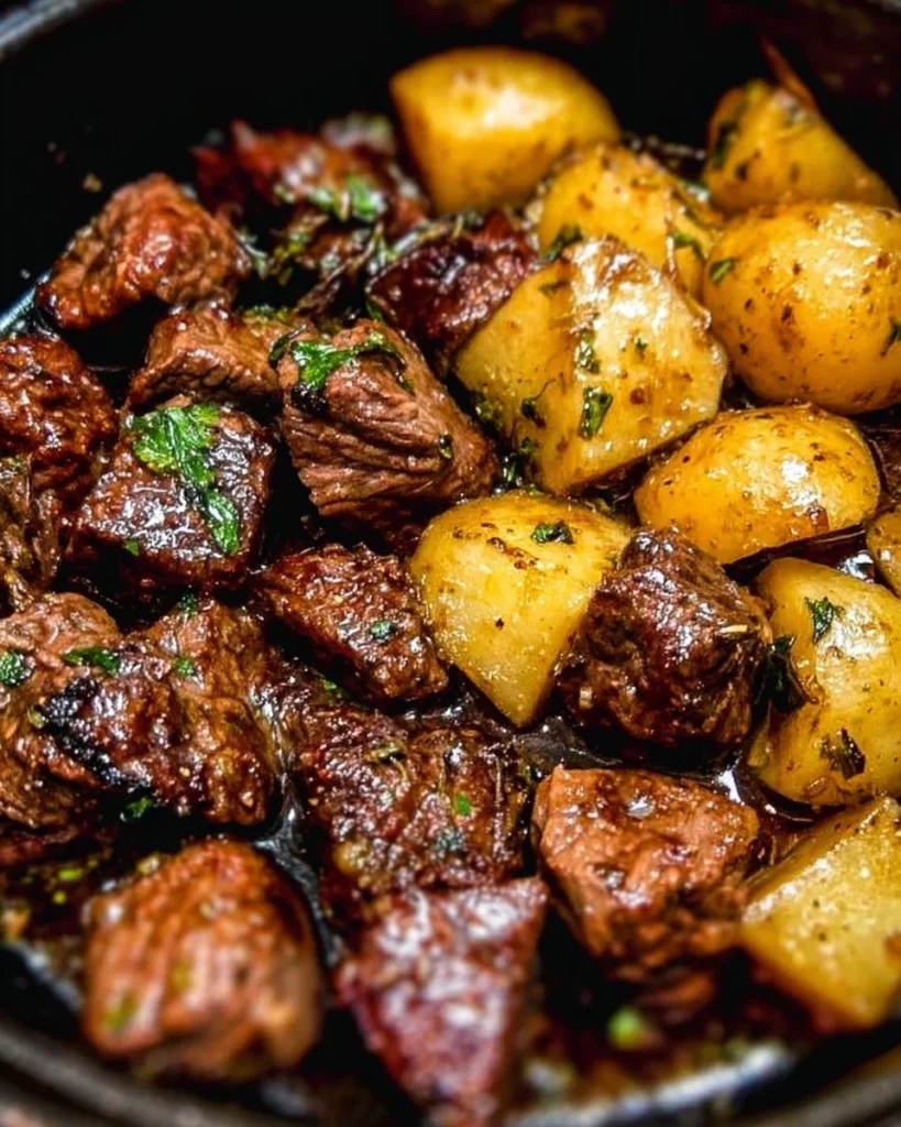 Crockpot garlic butter beef bites with potatoes ready to serve