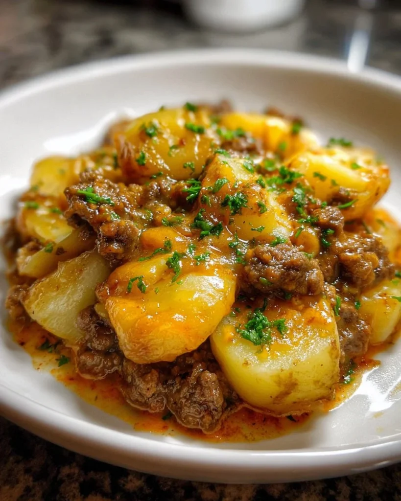 Delicious Crockpot Hamburger Potato Casserole served in a bowl