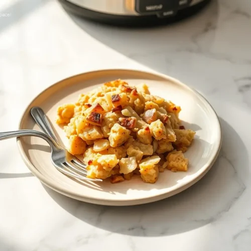 Delicious Easy Crockpot Stuffing with golden brown crust