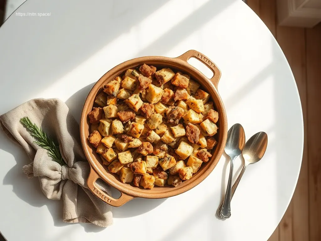 Delicious Easy Crockpot Stuffing with golden brown crust