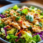 Crunchy Thai Chicken Salad topped with Peanut Dressing