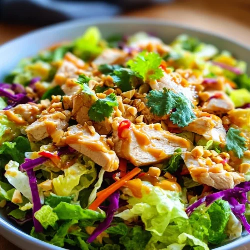Crunchy Thai Chicken Salad topped with Peanut Dressing