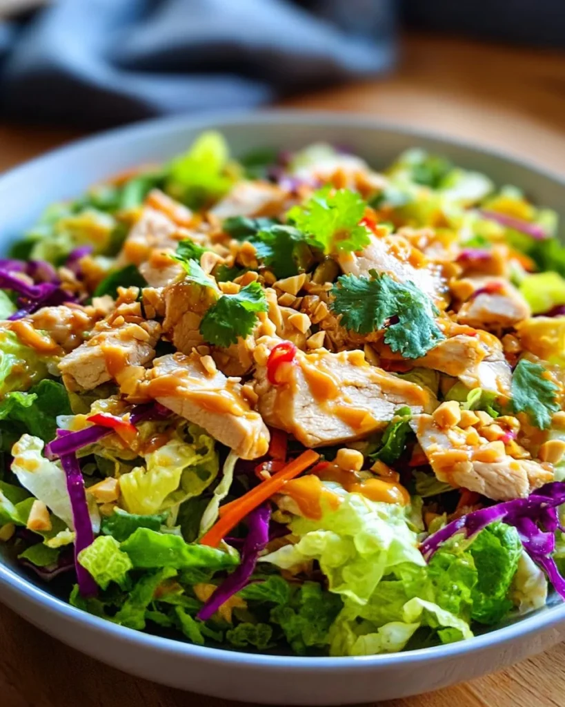 Crunchy Thai Chicken Salad topped with Peanut Dressing