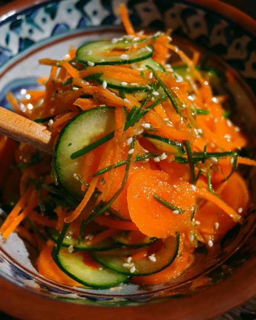 Cucumber Carrot Salad with fresh vegetables and dressing in a bowl