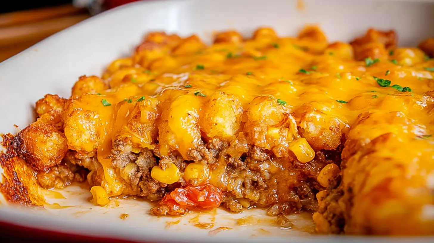 Close-up of a warm Cowboy Casserole baked golden brown, featuring various vegetables and a cheesy topping.