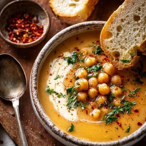 A bowl of delicious garlic chickpea soup, garnished with fresh herbs.