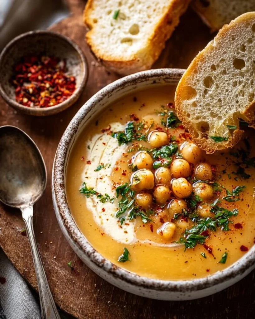 A bowl of delicious garlic chickpea soup, garnished with fresh herbs.