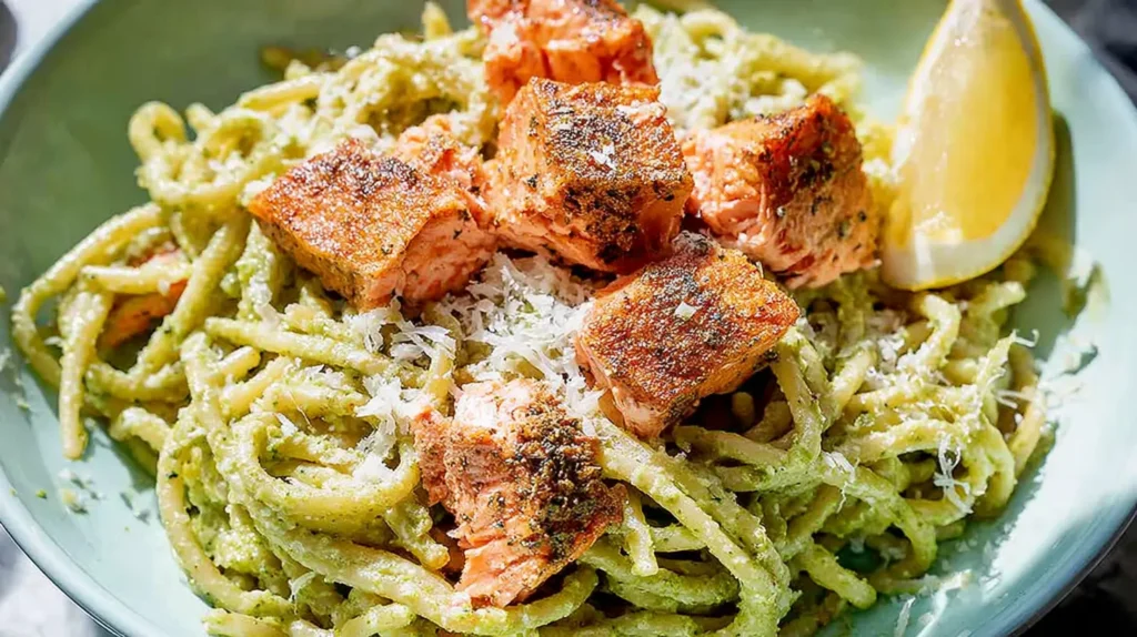 Close-up of vibrant creamy salmon pesto pasta with flaked salmon.
