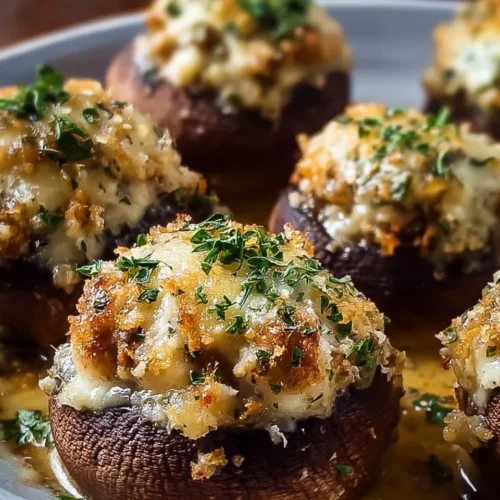 Plate of delicious stuffed mushrooms, a copycat recipe for restaurant-style appetizers.