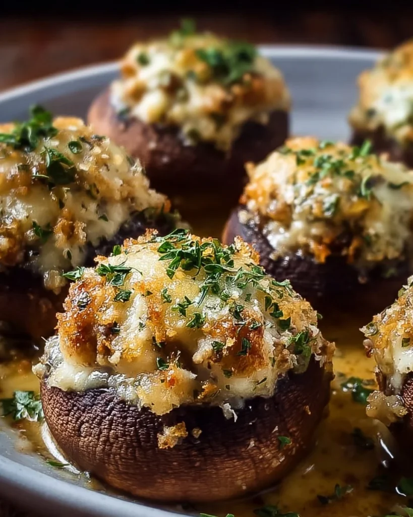 Plate of delicious stuffed mushrooms, a copycat recipe for restaurant-style appetizers.