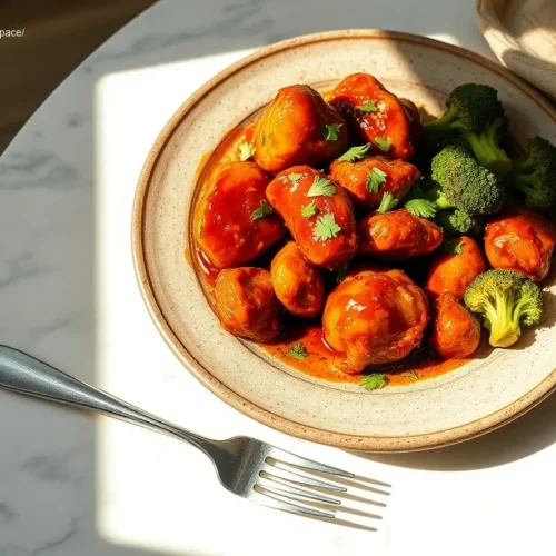 Dump Go Sweet Chili Chicken flat lay on white marble