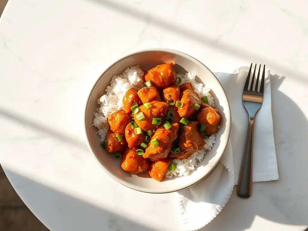 Dump Go Sweet Chili Chicken flat lay on white marble