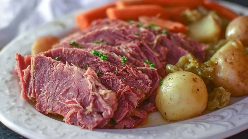Close-up of a perfectly cooked corned beef recipe from a slow cooker, sliced and garnished for presentation.