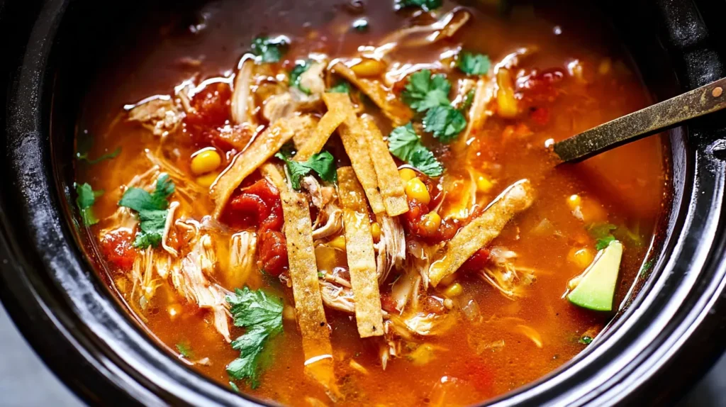 Hearty Chicken Tortilla Soup made in a Crock Pot, garnished with fresh cilantro.
