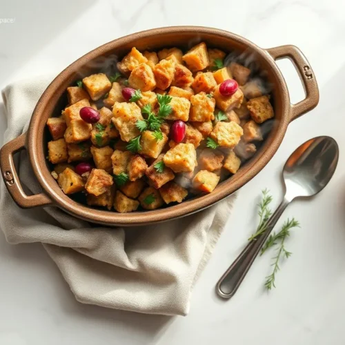 Easy Crockpot Stuffing for Thanksgiving, garnished with herbs