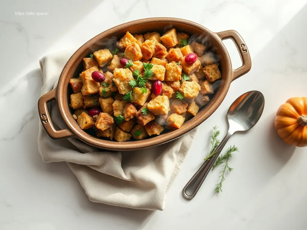 Easy Crockpot Stuffing for Thanksgiving, garnished with herbs