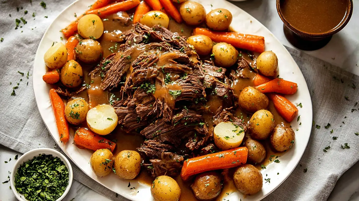 Close-up of a perfectly cooked slow cooker pot roast, falling apart with gravy.